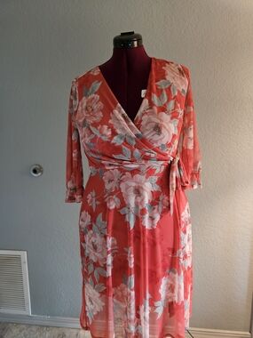 Coral Floral Wrap Dress with Pink & Sage Accents
